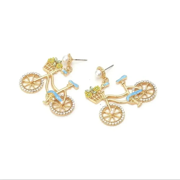 Anthropologie Blue Sweet Flowers Bicycle Crystal Earrings - Picture 6 of 11